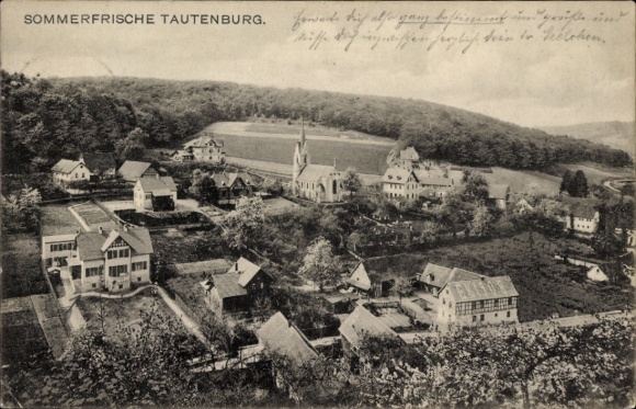 Postcard Tautenburg in Thuringia, view of the summer resort houses, church, landscape