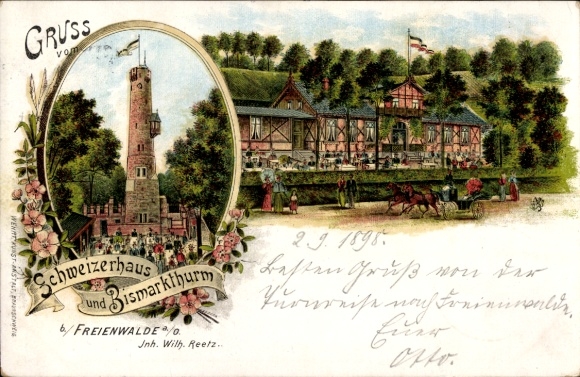 Postcard Bad Freienwalde on the Oder, with Bismarck Tower, Schweizerhaus, art view, greetings from Otto