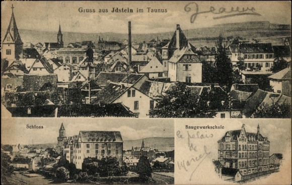 Postcard Idstein im Taunus Hessen, partial view, castle, building trade school