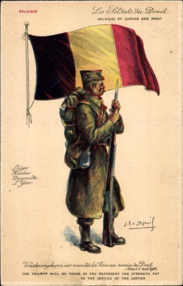 Kunstenaar Ak Dupuis, E., Belgisch leger, soldaat in uniform, Belgische vlag