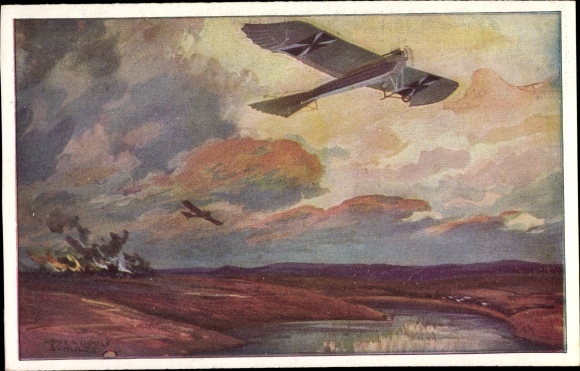Artist PC Schulze, Hans Rudolf, military pigeon on reconnaissance flight at the Masurian lakes, I. WW
