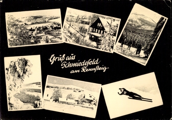 Postcard Schmiedefeld am Rennsteig Suhl Thuringia, various landscape photographs, snow, skiing...