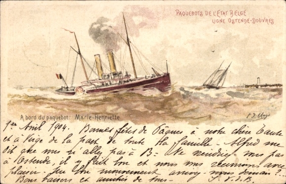 Postal stationery artist litho Belgium, ferry Princesse Clementine, line Ostend Dover