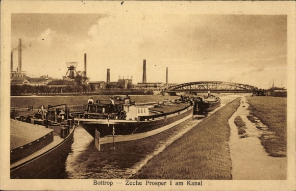 Postcard Bottrop in the Ruhr area, Prosper I mine on the canal, ships on the canal, industrial plants