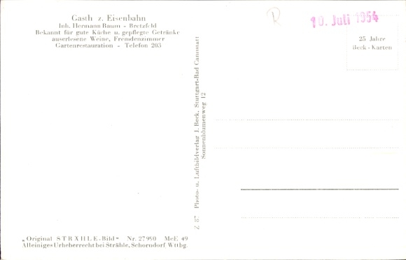 Postcard Bretzfeld in Württemberg, aerial view of Gasthaus z. Eisenbahn, fine drinks, beautiful