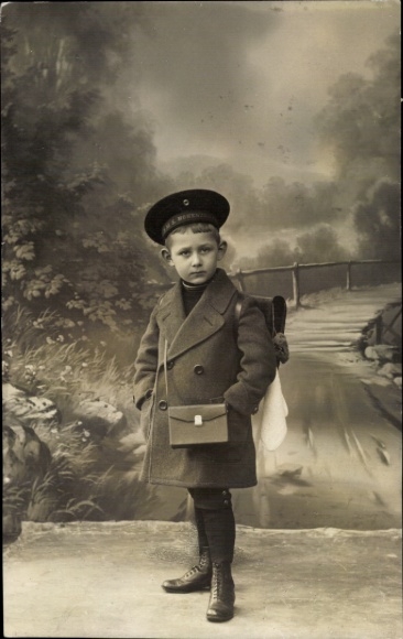 Photo Postcard Gliwice Gleiwitz Upper Silesia, boy with schoolbag, sailor cap, 1st day of school 1915