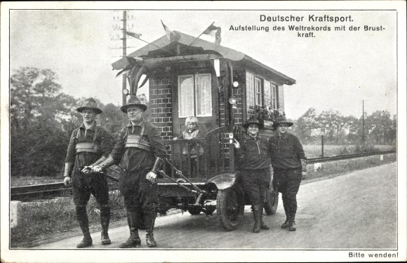Postcard Rhenish strength athletes with house on wheels, travelers, Wichterich family, Cologne