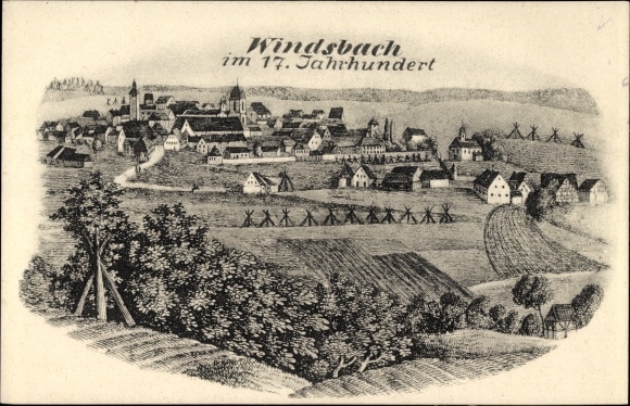 Künstler Ak Windsbach in Mittelfranken, Gesamtansicht des Ortes im 17. Jahrhundert, Felder