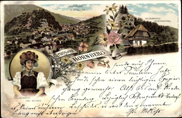 lito Hornberg w dystrykcie Ortenau w Badenii-Wirtembergii, kostium Gutachera, gospodarstwo, kwiaty