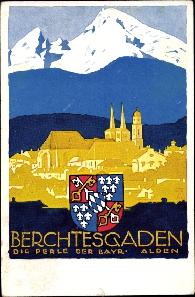 Coat of arms PC Berchtesgaden in Upper Bavaria, village with a view of the landscape