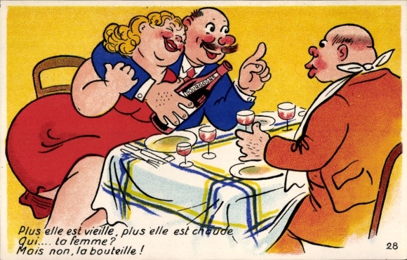 Postcard couple at the table, restaurant, drunk man, wine bottle, humor
