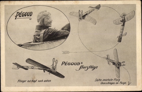 Postcard Aviation, Pegoud&#39;s dives, Salto mortale, portrait of the pilot