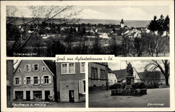 Postcard Aglasterhausen in Baden, monument, department store, total view
