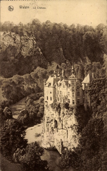 Picture Walzin Dinant Wallonia Namur, Walzin Lê Chateau, castle on rock, river in the foreground