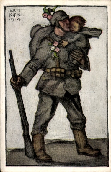 Artist PC Klein, Richard, soldier kisses a child, war departure