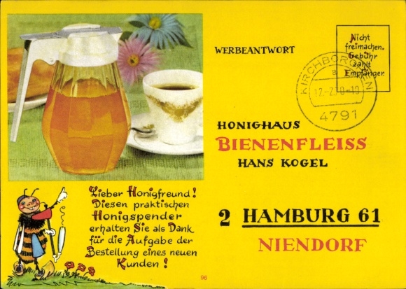 Ak Werbung, Honighaus Bienenfleiß Hans Kogel, Hamburg