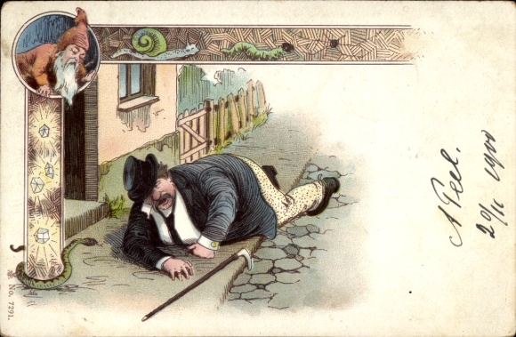Chromo-Litho Fallen drunk man, dwarf, snake, snail, caterpillar