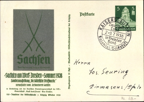 KP pocztowa Drezno, Saksonia przy pracy 1938, wystawa specjalna Pieczęć saksońska, PP 9 C