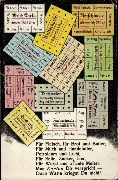 Postcard milk menu, butter menu, meat menu, soap menu, egg menu, sausage menu, I. WK