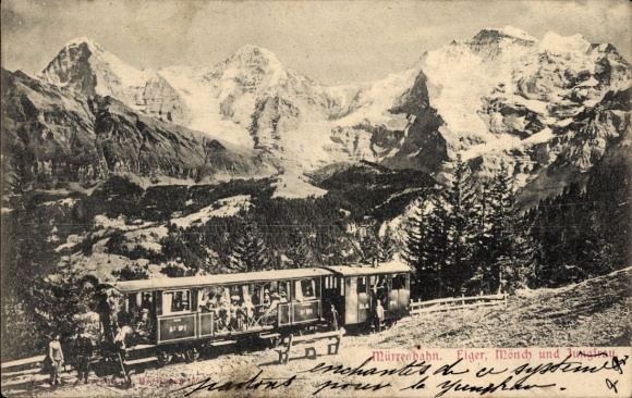 Postcard Mürren Canton Bern Switzerland, Mürren Railway, Eiger, Mönch, Jungfrau