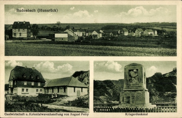 Postcard Budenbach in the Hunsrück, landscape with houses, August Petry inn, war memorial