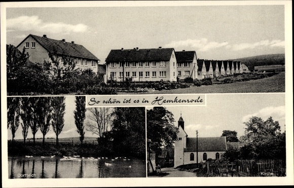 Postcard Hemkenrode Cremlingen in Lower Saxony, settlement, village pond, church