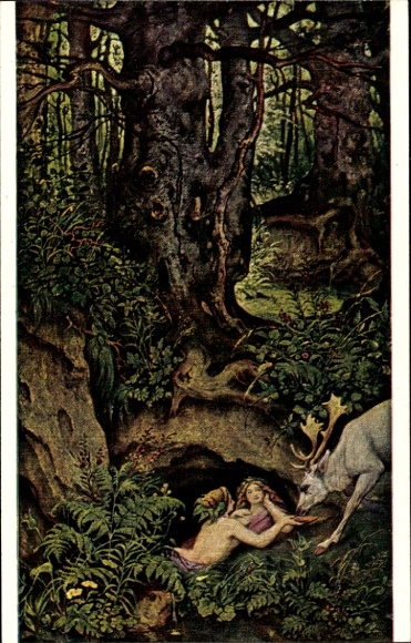 Artist PC Schwind, Moritz von, mermaids, deer watering, Ackermann series 213b no. 2173