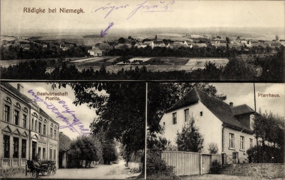 Postcard Rädigke Rabenstein im Fläming, general view, Moritz Inn, rectory