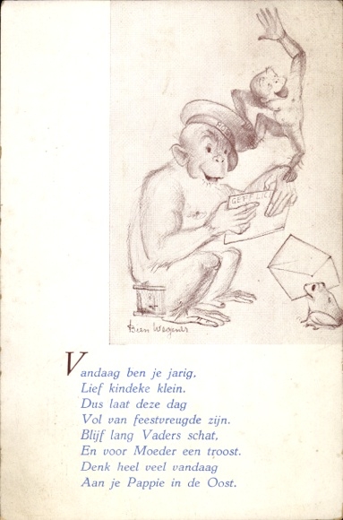 Artist Postcard Humanized Animals, Monkeys, Frog, Post, Letter