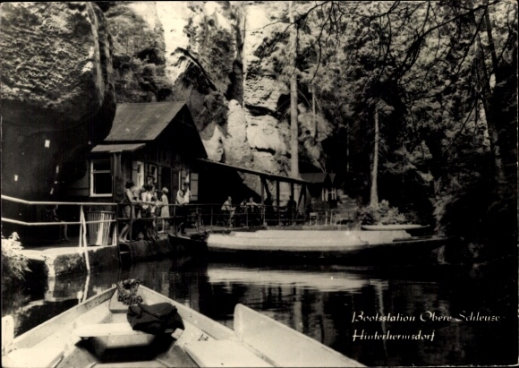 Postcard Hinterhermsdorf Sebnitz Saxon Switzerland, boat station Obere Schleuse