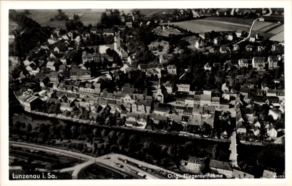 Postcard Lunzenau in Saxony, aerial photograph of the village
