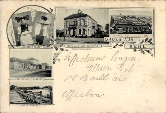 Postcard Kehl am Rhein, woman wearing a bonnet, Hotel Blume, District Office Station, Rhine Bridge