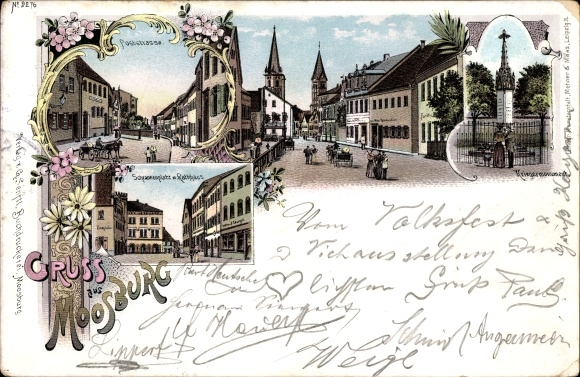 Chromo-Litho Moosburg an der Isar in the district of Freising, war memorial, Poststrasse, Schrannenplatz, town hall