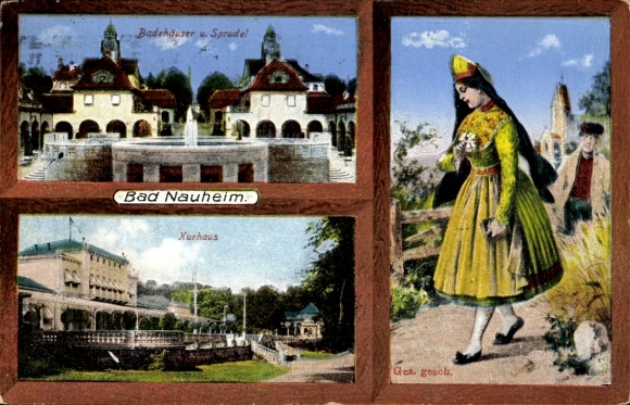 Postcard Bad Nauheim in Hesse, bathhouses, sparkling water, spa, traditional costume
