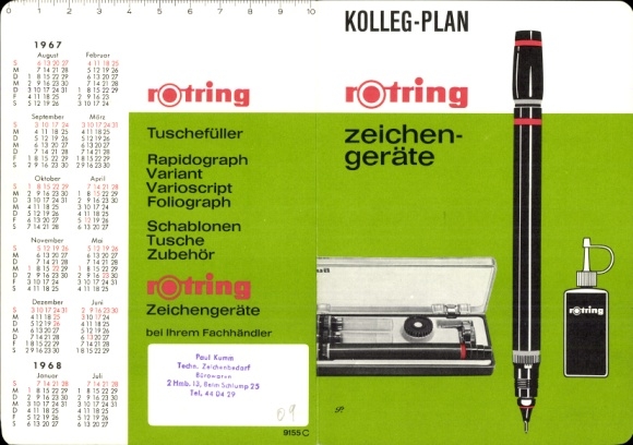 Timetable Rotring drawing devices, Paul Kumm, Schlumpf 25 Hamburg Eimsbüttel, calendar 1967