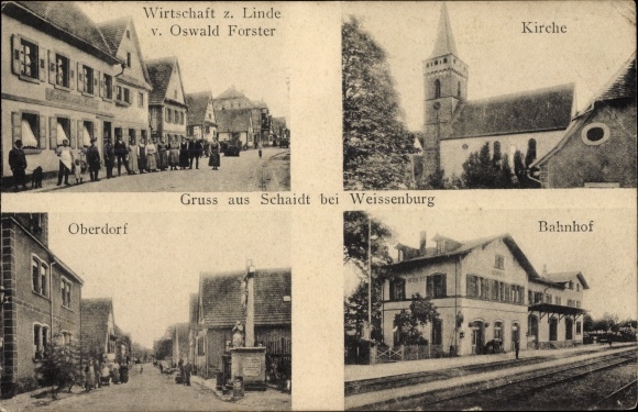 Ak Schaidt Wörth am Rhein in der Pfalz, Bahnhof, Kirche, Oberdorf, Wirtschaft zur Linde