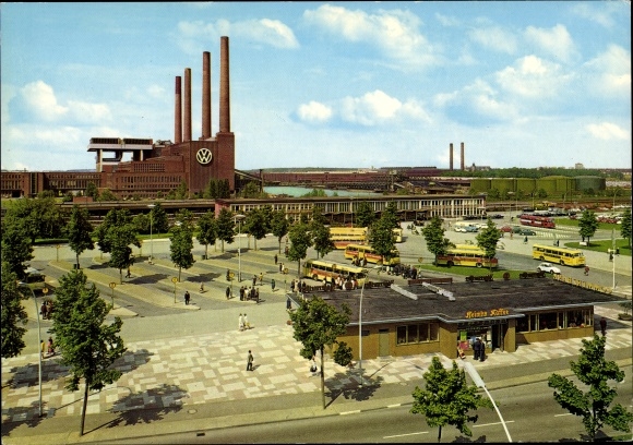 Postcard Wolfsburg in Lower Saxony, train station and VW factory