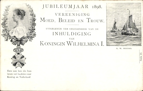 Ganzsachen Ak Amtseinführung Königin Wilhelmina, Porträt, Segelschiffe