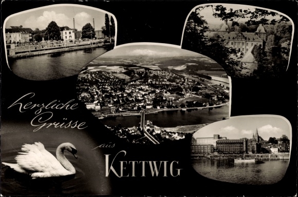 Postcard Kettwig Essen in the Ruhr area, partial view, aerial view, swan