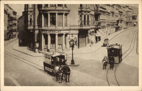 Ak Halle Saale, 50 Jahre Straßenbahn 1882-1932, Vorspannstelle Leipziger Turm 1882, Pferdebahnen