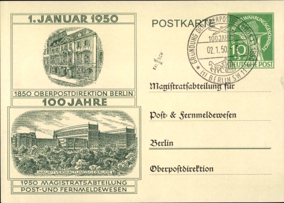 Postwaardekaart Berlijn Charlottenburg, 100 jaar Oberpostdirektion Berlijn 1950