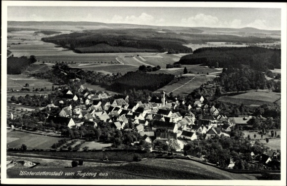 Postcard Winterstettenstadt Ingoldingen, aerial view of hilly landscape, no people