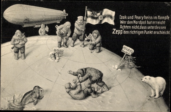 Ak Zeppelin op de Noordpool, vlag, onderzoek, ontdekkingsreizigers Cook en Peary in gevecht