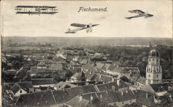 Postcard Fischamend Lower Austria, airplanes over the city, Kuk Air Force