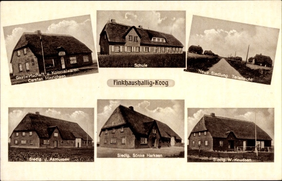 Ak Finkhaushalligkoog Simonsberg in Noord-Friesland, nederzettingen Knudsen, Harksen, Asmussen, herberg