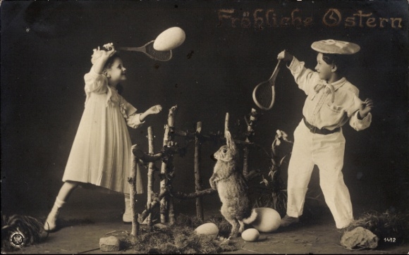 Postcard Congratulations Easter, children playing tennis, Easter eggs, Easter bunny