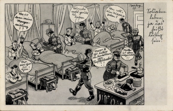 Künstler Ak Barlog, Soldatenleben heißt lustig sein, Wehrmacht, Offizier, Schlafstube, II. WK