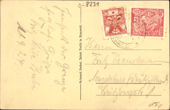 Postcard Cínovec Bohemian Zinnwald Dubí Eichwald Reg. Aussig, school, church, exchange office, tobacconist