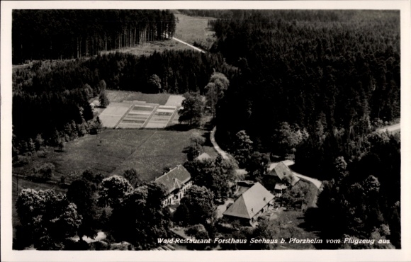 Postcard Pforzheim in the Black Forest, aerial photograph of the forest restaurant Forsthaus Seehaus, forest, building