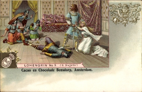litho Lohengrin, scène, dode ridder, reclame, chocolade en cacao Bensdorp